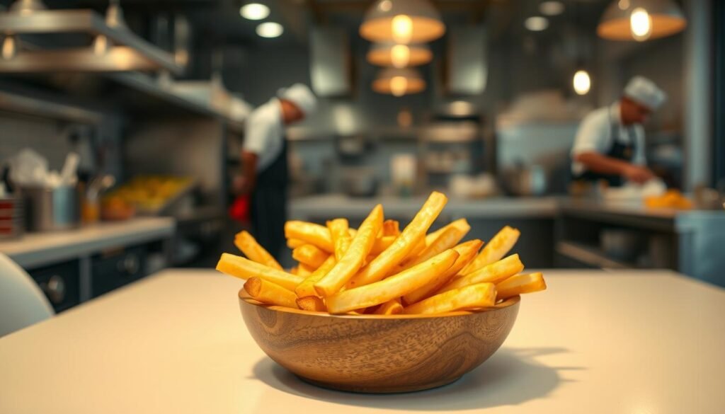 A close-up view of a crispy, golden serving of French fries in a rustic, wooden bowl, placed on a clean, white table. The fries are freshly cooked, glistening with a light sheen of oil, highlighting their texture. In the background, soft, diffused lighting illuminates a bustling kitchen atmosphere, with a glimpse of chefs in professional attire preparing meals safely. The scene evokes a warm and inviting mood, with the focus on the fries symbolizing a popular fast-food item, yet subtly hinting at kitchen practices and allergen risk awareness. The camera angle captures the fries from a slight overhead perspective, emphasizing their inviting appeal without any distractions or overlays. A close-up view of a crispy, golden serving of French fries in a rustic, wooden bowl, placed on a clean, white table. The fries are freshly cooked, glistening with a light sheen of oil, highlighting their texture. In the background, soft, diffused lighting illuminates a bustling kitchen atmosphere, with a glimpse of chefs in professional attire preparing meals safely. The scene evokes a warm and inviting mood, with the focus on the fries symbolizing a popular fast-food item, yet subtly hinting at kitchen practices and allergen risk awareness. The camera angle captures the fries from a slight overhead perspective, emphasizing their inviting appeal without any distractions or overlays.