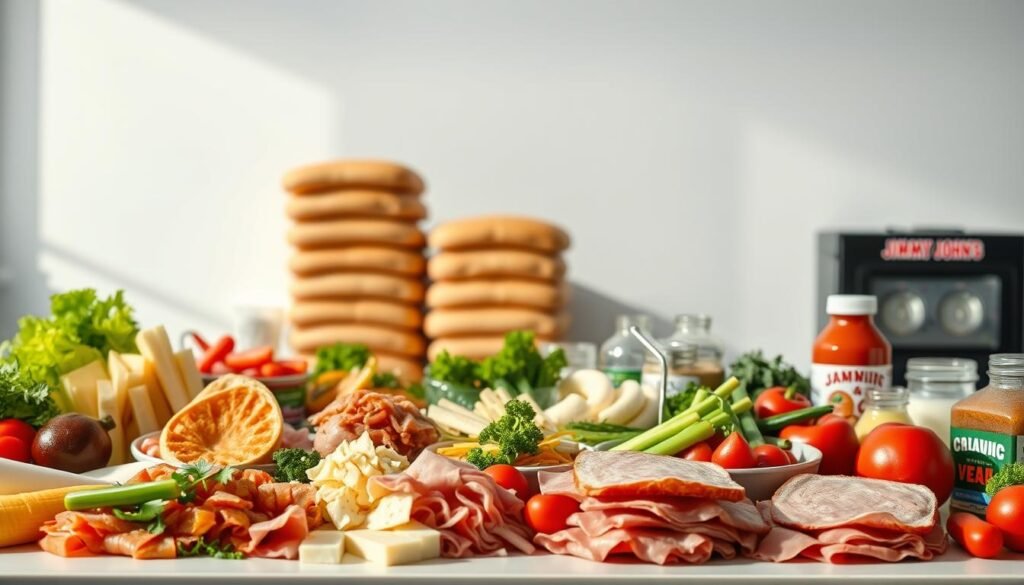 A crisp, high-resolution image of a clean, well-lit table showcasing an array of fresh, high-quality ingredients commonly found at a Jimmy John's sandwich shop. In the foreground, an assortment of meats, cheeses, vegetables, and condiments are artfully arranged, conveying the wide variety of fresh, customizable options available. The middle ground features neatly stacked loaves of bread, highlighting the bakery-fresh quality of the core ingredient. The background is clean and minimal, allowing the ingredients to take center stage and creating a sense of simplicity and quality. The lighting is bright and natural, casting gentle shadows that accentuate the textures and colors of the components. The overall mood is one of freshness, transparency, and a commitment to quality, reflecting the brand's ethos.