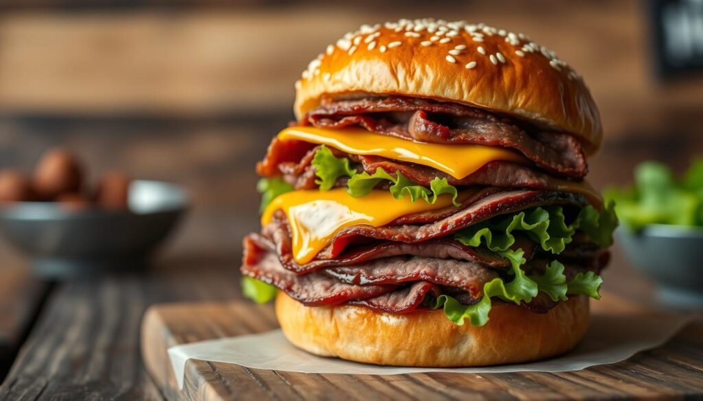 A delicious, visually enticing double roast beef sandwich, layered with perfectly cooked, thick slices of juicy roast beef stacked high on a soft, toasted sesame seed bun. The beef glistens with a rich, savory glaze, topped with melted cheddar cheese and fresh, crisp lettuce, adding a vivid pop of color. In the background, a softly blurred rustic wooden table sets the scene, evoking a warm and inviting atmosphere. Soft, diffused lighting highlights the sandwich, enhancing its appetizing appeal, while a shallow depth of field keeps the focus sharp on the sandwich. The angle is slightly overhead, showcasing the layers and texture, creating an enticing mood that celebrates the indulgence of the dish.