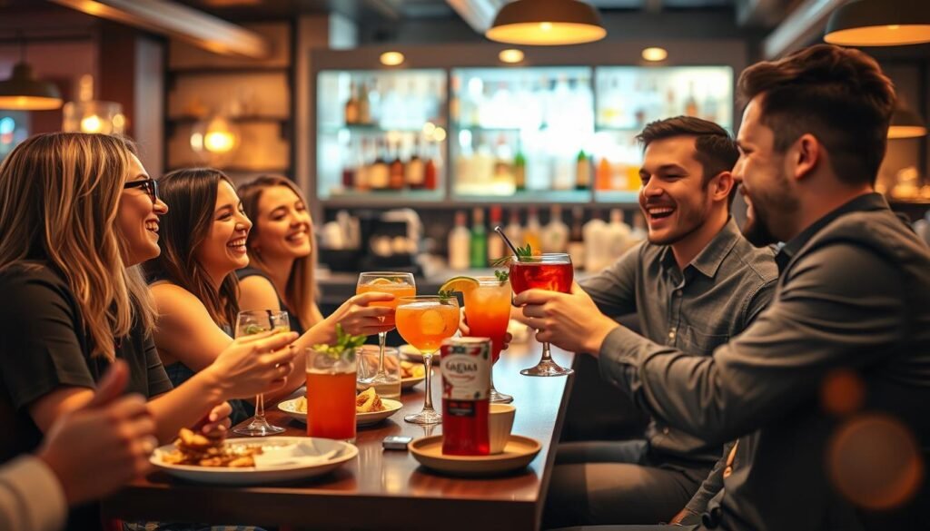 A lively restaurant scene during happy hour, capturing the essence of joy and camaraderie. In the foreground, a group of four friends, dressed in smart casual attire, are laughing and toasting with colorful cocktails at a cozy table adorned with snacks and appetizers. The middle ground showcases a bartender expertly preparing drinks, with vibrant bottles of spirits and fresh garnishes on display. In the background, warm ambient lighting illuminates the space, enhancing the inviting atmosphere of the bar. Soft bokeh effects create depth, while subtle reflections on the glasses add a touch of realism. The overall mood is cheerful and relaxed, inviting viewers to experience a moment of affordable indulgence and savings.