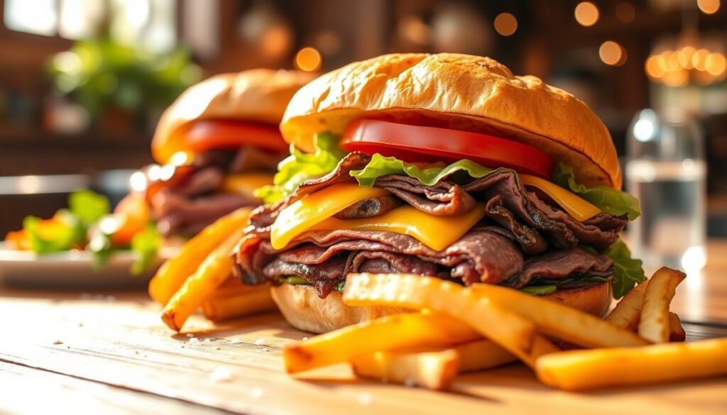 A mouthwatering roast beef sandwich, showcasing juicy, tender slices of beef piled high on an artisan bun, lightly toasted to perfection. The sandwich is oozing with melted cheddar cheese and topped with fresh, crisp lettuce and ripe tomato slices. In the foreground, a luscious side of golden, crispy fries glistens with a sprinkle of sea salt. The middle ground features a rustic wooden table setting, accentuated by elegant presentation and warm sunlight streaming in, casting a soft glow over the scene. The background includes hints of an inviting restaurant atmosphere with blurred, warm colors and soft bokeh, suggesting a cozy dining experience. The mood is cheerful and inviting, perfect for highlighting a fantastic limited-time deal.