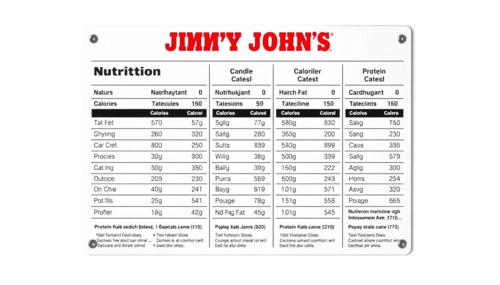 A neatly organized nutrition information panel showcasing the calorie, fat, carbohydrate, and protein content of a variety of Jimmy John's sandwich options. The panel is rendered in a clean, minimalist style with clear, easy-to-read typography against a neutral background, allowing the data to be the focal point. Subtle shadows and highlights enhance the visual depth and create a sense of dimension. The layout is intuitive and visually appealing, making the nutritional insights accessible and informative for health-conscious sandwich enthusiasts.