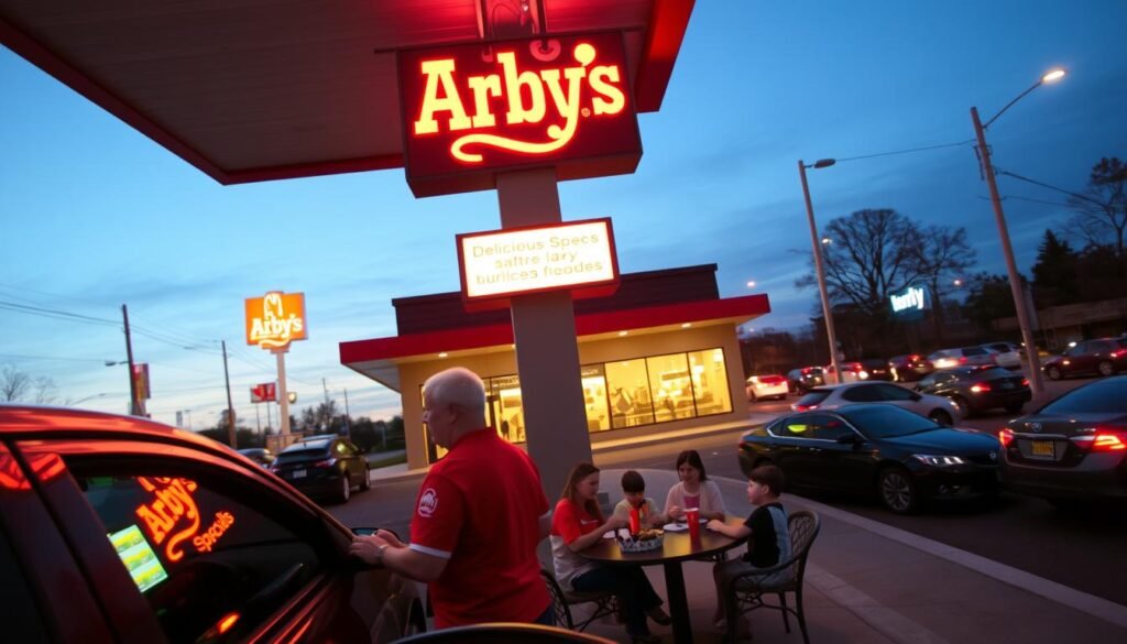 A vibrant Arby’s restaurant scene at dusk, showcasing a bustling drive-thru and inviting dine-in area. In the foreground, a friendly employee in a red Arby’s uniform attends to a couple placing their order at the drive-thru window, with an array of enticing menu specials visible on the digital display. The middle ground features a family enjoying their meals at a cozy table, illuminated by soft, warm lighting that creates a welcoming atmosphere. In the background, the restaurant’s bright signage glows against the evening sky, contrasting with the nearby busy street filled with cars. Capture the lively ambiance, emphasizing delicious food and customer interaction, with a slight focus on the Arby’s branding. Use a wide-angle lens to enhance the depth of the scene, conveying a sense of community and connection to great deals.