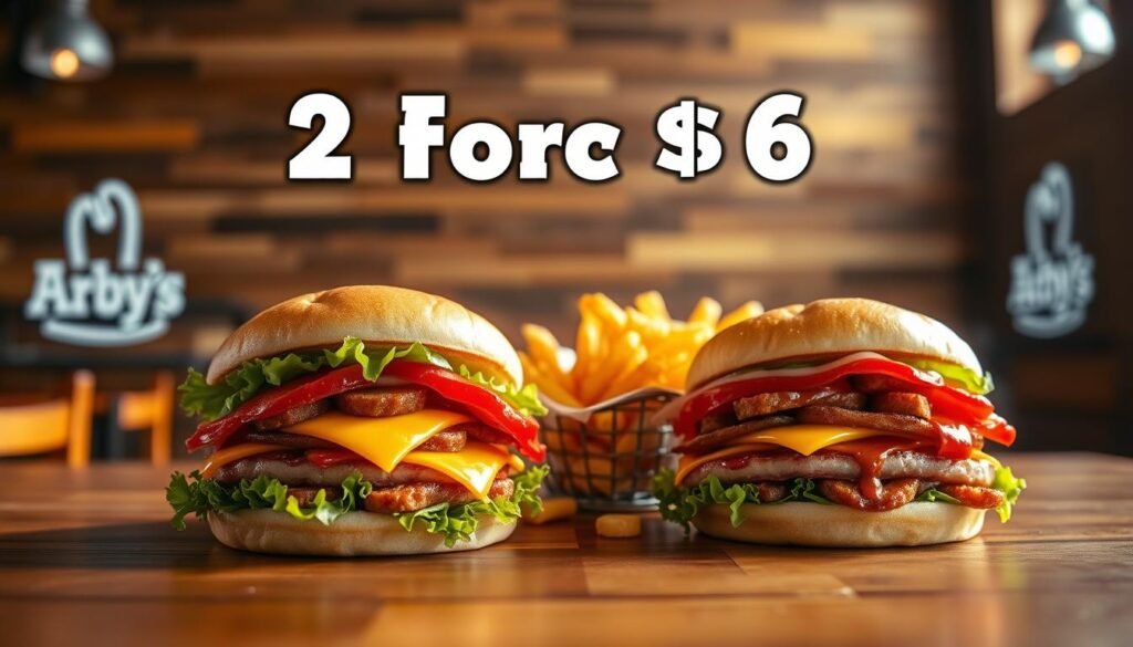 A vibrant and appetizing display of an Arby's 2 for $6 deal on a wooden table. In the foreground, highlight two delicious sandwiches stacked neatly, each with fresh ingredients, like crispy lettuce, melted cheese, and succulent meats, glistening with sauces. Next to the sandwiches, a basket of curly fries adds a sense of indulgence. The middle of the image features a rustic wooden backdrop adorned with natural lighting that creates a warm and inviting atmosphere. In the background, subtly blurred Arby’s branding elements or restaurant decor enhance the setting without being overpowering. The lighting should be soft, emanating from the sides, to evoke a cozy, friendly vibe, inviting viewers to savor the value. Ensure that no text or commercial overlays are included in the composition.