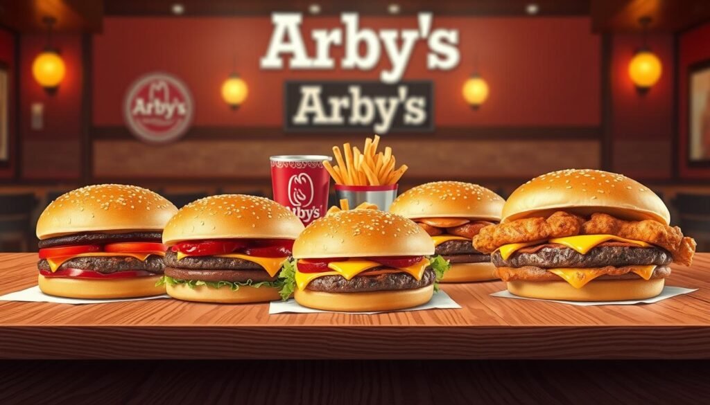 A vibrant and appetizing illustration of an Arby's burger menu featuring a variety of the brand's signature burgers, including the Classic Roast Beef, Beef ‘n Cheddar, and the Crispy Chicken Sandwich. In the foreground, showcase an elegant wooden table displaying beautifully arranged burgers with their unique toppings, glistening sauces, and fresh ingredients, highlighting the textures and colors. The middle ground should include an enticing side of curly fries and a soft drink, enhancing the fast-food experience. In the background, a warm, inviting restaurant setting with subtle lighting and soft-focus details creates a welcoming atmosphere. The mood is casual yet appealing, perfect for showcasing the delicious offerings and enticing customers to explore Arby's burger selection. A vibrant and appetizing illustration of an Arby's burger menu featuring a variety of the brand's signature burgers, including the Classic Roast Beef, Beef ‘n Cheddar, and the Crispy Chicken Sandwich. In the foreground, showcase an elegant wooden table displaying beautifully arranged burgers with their unique toppings, glistening sauces, and fresh ingredients, highlighting the textures and colors. The middle ground should include an enticing side of curly fries and a soft drink, enhancing the fast-food experience. In the background, a warm, inviting restaurant setting with subtle lighting and soft-focus details creates a welcoming atmosphere. The mood is casual yet appealing, perfect for showcasing the delicious offerings and enticing customers to explore Arby's burger selection.