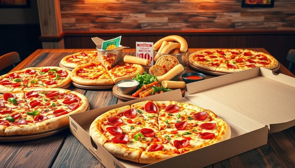 A vibrant and inviting pizza scene showcasing a variety of delicious pizzas with various toppings like pepperoni, vegetables, and extra cheese, all placed on a rustic wooden table. In the foreground, highlight a pizza box partially opened, revealing a steaming hot pizza. In the middle background, include a set of attractive combo meal deals creatively arranged with sides like garlic bread and dipping sauces. The background should depict a cozy pizzeria ambiance with warm lighting that evokes a friendly atmosphere. Use a slightly angled perspective to create depth and dimension, capturing the freshness and mouth-watering appeal of the food. The overall mood should be energetic and appetizing, inviting viewers to indulge in the current pizza deals.