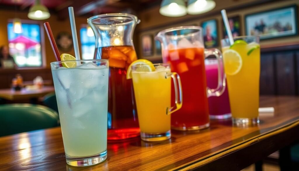 A vibrant arrangement of drinks served at Papa Gino's in Bridgewater, featuring a selection of colorful beverages. In the foreground, a classic soda cup with ice and a straw, beside it, a refreshing lemon-lime soda in a chilled glass garnished with a lime wedge. In the middle, larger pitchers of iced tea and fruit punch, with condensation visible, placed on a rustic wooden table. The background shows a softly blurred view of a cozy restaurant setting, warm and inviting with pendant lighting casting a soft glow. The scene conveys a casual, friendly atmosphere perfect for enjoying snacks and drinks, captured with a shallow depth of field to focus on the delicious refreshments. A vibrant arrangement of drinks served at Papa Gino's in Bridgewater, featuring a selection of colorful beverages. In the foreground, a classic soda cup with ice and a straw, beside it, a refreshing lemon-lime soda in a chilled glass garnished with a lime wedge. In the middle, larger pitchers of iced tea and fruit punch, with condensation visible, placed on a rustic wooden table. The background shows a softly blurred view of a cozy restaurant setting, warm and inviting with pendant lighting casting a soft glow. The scene conveys a casual, friendly atmosphere perfect for enjoying snacks and drinks, captured with a shallow depth of field to focus on the delicious refreshments.