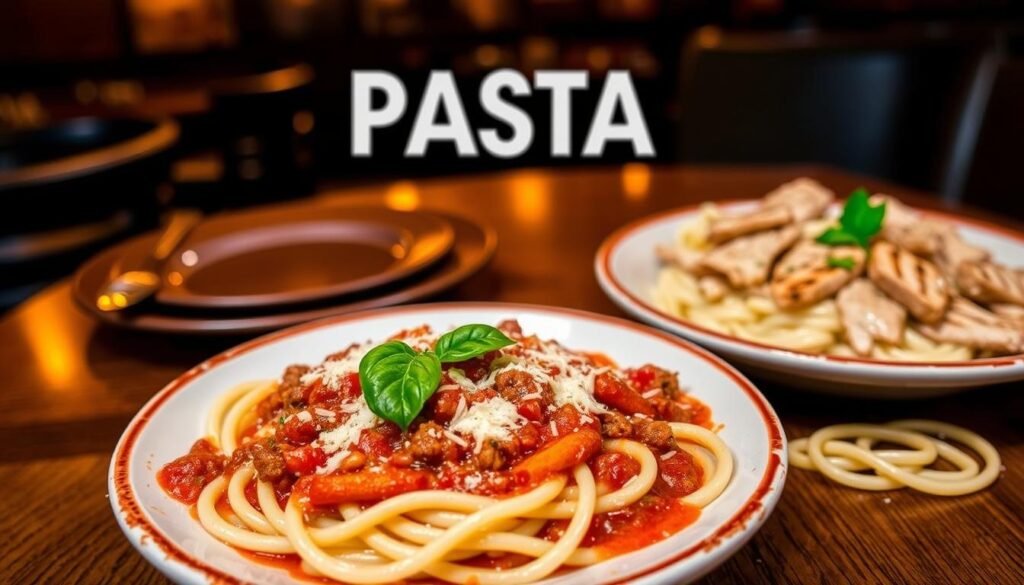 A visually appealing and informative representation of two decadent pasta dishes from Pizza Hut: Tuscani Meaty Marinara and Chicken Alfredo. In the foreground, feature a close-up of the Meaty Marinara, showcasing rich, thick marinara sauce topped with generous portions of ground beef and melted cheese, garnished with fresh basil. Next to it, present a creamy Chicken Alfredo, with perfectly cooked fettuccine drizzled in velvety Alfredo sauce, adorned with slices of grilled chicken and a sprinkle of parsley. The middle ground contains a wooden table setting with elegant plates and utensils, adding a touch of rustic charm. In the background, softly blurred, hint at a warm, inviting restaurant atmosphere with dim lighting, enhancing the delicious food. The overall mood is appetizing and inviting, perfect for illustrating pasta nutrition.