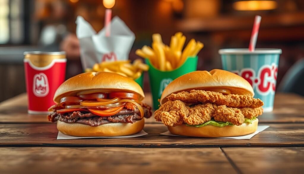 A visually appealing arrangement of two Arby's sandwich meals, prominently featuring classic roast beef and crispy chicken sandwiches, artfully placed on a rustic wooden table. In the background, a soft-focus display of fries and drinks complements the foreground without distracting from the main subject. Warm, inviting lighting highlights the textures of the sandwiches, creating a mouth-watering sheen on the ingredients. The angle is slightly above the table, offering a dynamic view that emphasizes the generosity of the two-for-six-dollar deal. The atmosphere is casual yet enticing, suggesting a satisfying meal experience perfect for budget-conscious diners. A visually appealing arrangement of two Arby's sandwich meals, prominently featuring classic roast beef and crispy chicken sandwiches, artfully placed on a rustic wooden table. In the background, a soft-focus display of fries and drinks complements the foreground without distracting from the main subject. Warm, inviting lighting highlights the textures of the sandwiches, creating a mouth-watering sheen on the ingredients. The angle is slightly above the table, offering a dynamic view that emphasizes the generosity of the two-for-six-dollar deal. The atmosphere is casual yet enticing, suggesting a satisfying meal experience perfect for budget-conscious diners.