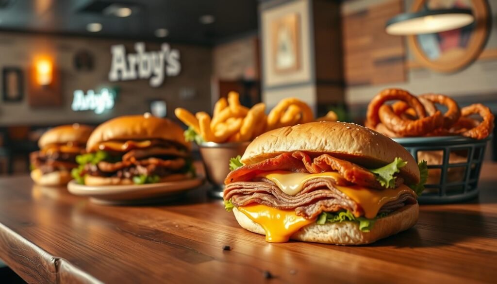 A visually engaging image of a delicious Arby's secret menu spread, featuring a variety of unique items like the Meat Mountain and a Loaded Italian sandwich, arranged artistically on a wooden table. In the foreground, a close-up of a juicy sandwich with melted cheese, fresh lettuce, and sliced meats, glistening under warm, inviting lighting. The middle ground includes a few side items, like curly fries and onion rings, presented in rustic dishware. In the background, a softly blurred Arby’s restaurant interior adds familiarity, with decorative elements hinting at their branding—brown and gold tones creating a casual dining atmosphere. The scene conveys a sense of excitement and discovery, inviting viewers to explore the secretive side of Arby’s menu.