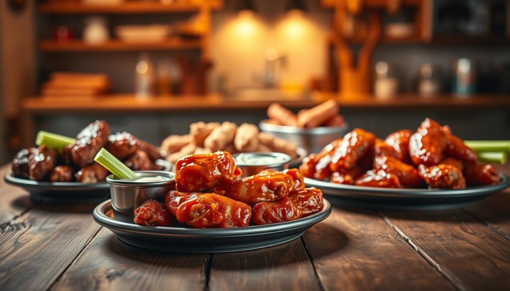 A visually striking composition featuring a variety of delicious wings from Pizza Hut, each displayed on a rustic wooden table. In the foreground, showcase a platter of spicy and tangy buffalo wings glistening with sauce, garnished with celery sticks and blue cheese dressing. In the middle ground, arrange a few more flavors, such as honey BBQ and garlic Parmesan, artistically placed to convey variety. The background should fade softly with a warm kitchen atmosphere, illuminated by soft, natural lighting to create an inviting mood. Use a shallow depth of field to focus on the wings, while soft bokeh highlights the cozy ambiance of a wings night. Overall, the image should evoke a sense of appetizing indulgence and community dining. A visually striking composition featuring a variety of delicious wings from Pizza Hut, each displayed on a rustic wooden table. In the foreground, showcase a platter of spicy and tangy buffalo wings glistening with sauce, garnished with celery sticks and blue cheese dressing. In the middle ground, arrange a few more flavors, such as honey BBQ and garlic Parmesan, artistically placed to convey variety. The background should fade softly with a warm kitchen atmosphere, illuminated by soft, natural lighting to create an inviting mood. Use a shallow depth of field to focus on the wings, while soft bokeh highlights the cozy ambiance of a wings night. Overall, the image should evoke a sense of appetizing indulgence and community dining.