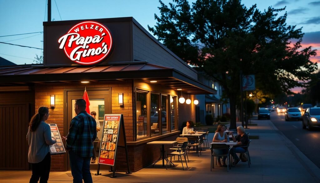 A welcoming exterior view of a Papa Gino's restaurant at dusk, showcasing the well-lit sign featuring the iconic logo. In the foreground, a couple of diverse individuals, dressed in casual yet tidy clothing, are looking at a menu displayed at the entrance. The middle ground features a neatly arranged outdoor seating area with tables and chairs, some diners enjoying their pizzas. The background displays a suburban street, softly illuminated by streetlights, with trees lining the sidewalk and a hint of sunset colors in the sky, creating an inviting atmosphere. The scene captures the essence of community and the joy of finding a pizza spot nearby, all under warm, ambient lighting.