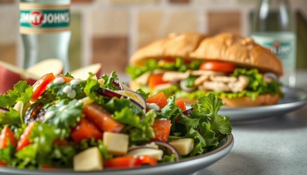 A well-lit, high-resolution photograph showcasing a selection of healthy meal options from the Jimmy John's menu. In the foreground, a fresh salad with vibrant greens, colorful vegetables, and a light dressing. In the middle ground, a whole wheat sandwich on crisp baguette, filled with lean protein and crunchy veggies. In the background, a side of apple slices and a bottle of water, conveying a sense of balance and moderation. The image is captured with a shallow depth of field, drawing the viewer's attention to the nutritious choices available at this fast-casual restaurant. The overall mood is clean, inviting, and reflective of a health-conscious lifestyle. A well-lit, high-resolution photograph showcasing a selection of healthy meal options from the Jimmy John's menu. In the foreground, a fresh salad with vibrant greens, colorful vegetables, and a light dressing. In the middle ground, a whole wheat sandwich on crisp baguette, filled with lean protein and crunchy veggies. In the background, a side of apple slices and a bottle of water, conveying a sense of balance and moderation. The image is captured with a shallow depth of field, drawing the viewer's attention to the nutritious choices available at this fast-casual restaurant. The overall mood is clean, inviting, and reflective of a health-conscious lifestyle.