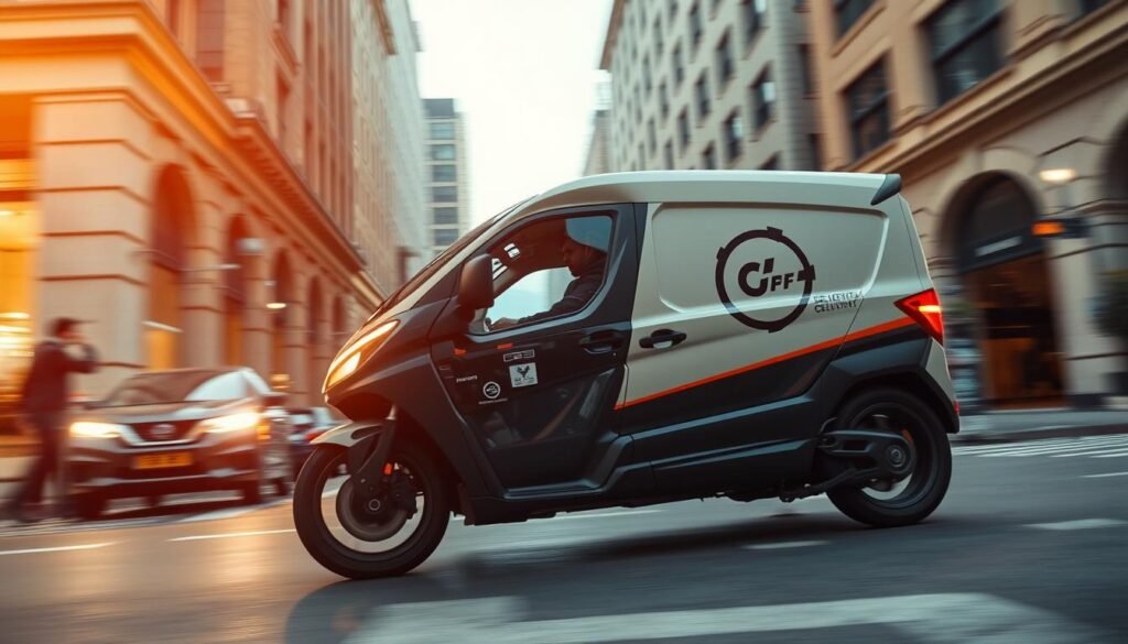 a high-speed delivery service vehicle racing down a city street, low angle shot with dramatic lighting highlighting the vehicle's sleek design and sense of urgency, blurred pedestrians and buildings in the background to convey a feeling of rapid movement, the vehicle's company logo prominently displayed on the side, an overall tone of efficiency and timeliness to reflect the delivery service's commitment to fast and reliable service a high-speed delivery service vehicle racing down a city street, low angle shot with dramatic lighting highlighting the vehicle's sleek design and sense of urgency, blurred pedestrians and buildings in the background to convey a feeling of rapid movement, the vehicle's company logo prominently displayed on the side, an overall tone of efficiency and timeliness to reflect the delivery service's commitment to fast and reliable service